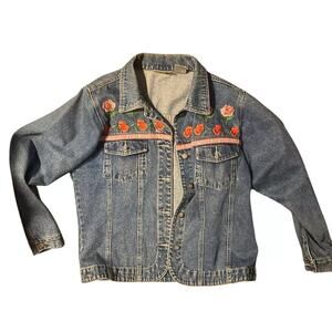 Y2K Denim Jean Jacket Embroidered floral roses jacket sz L Granny Cottage Core